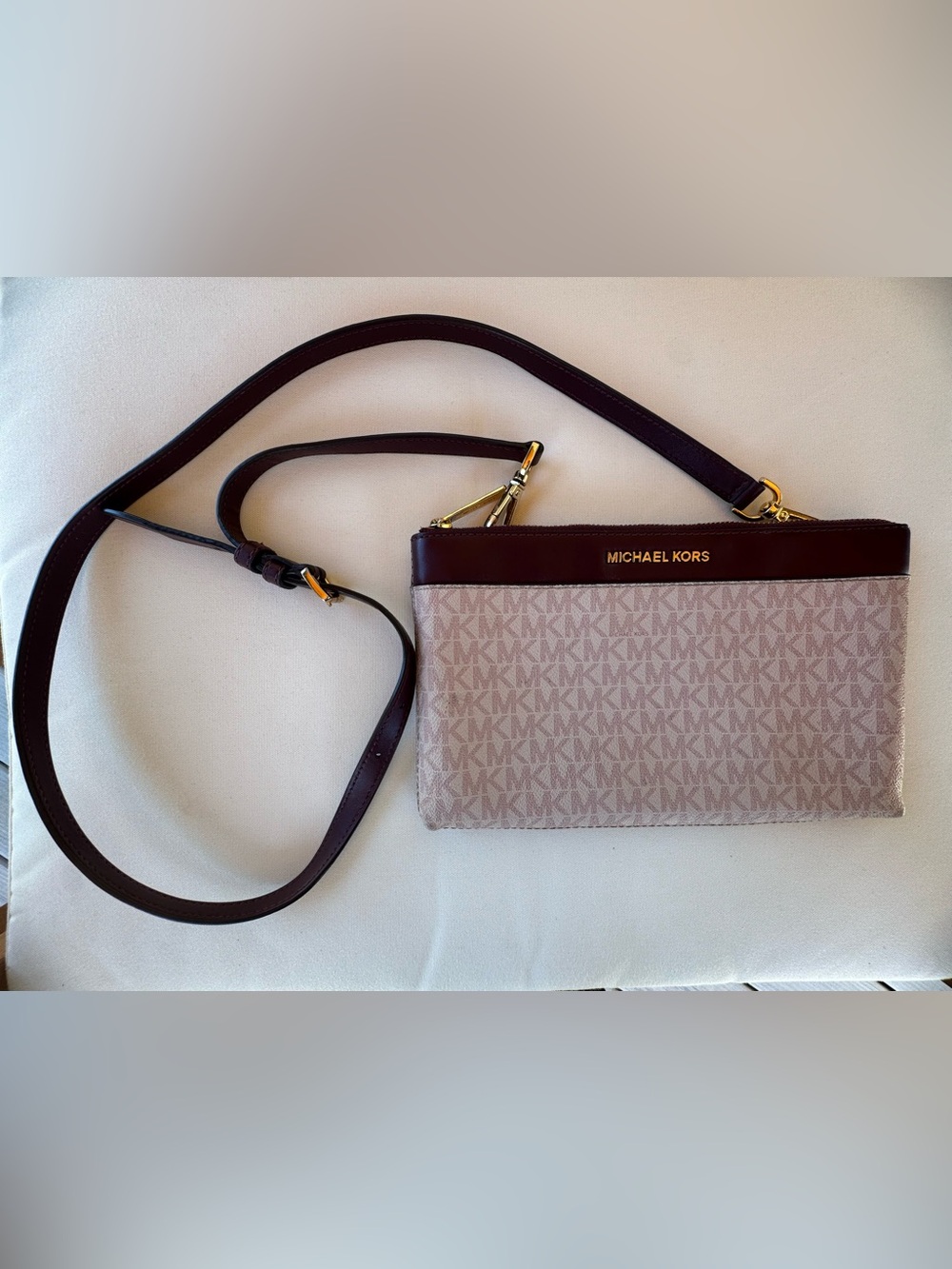 Michael Kors Blush MK Logo Crossbody Bag, Zip Closure, Gold Hardware adj. strap